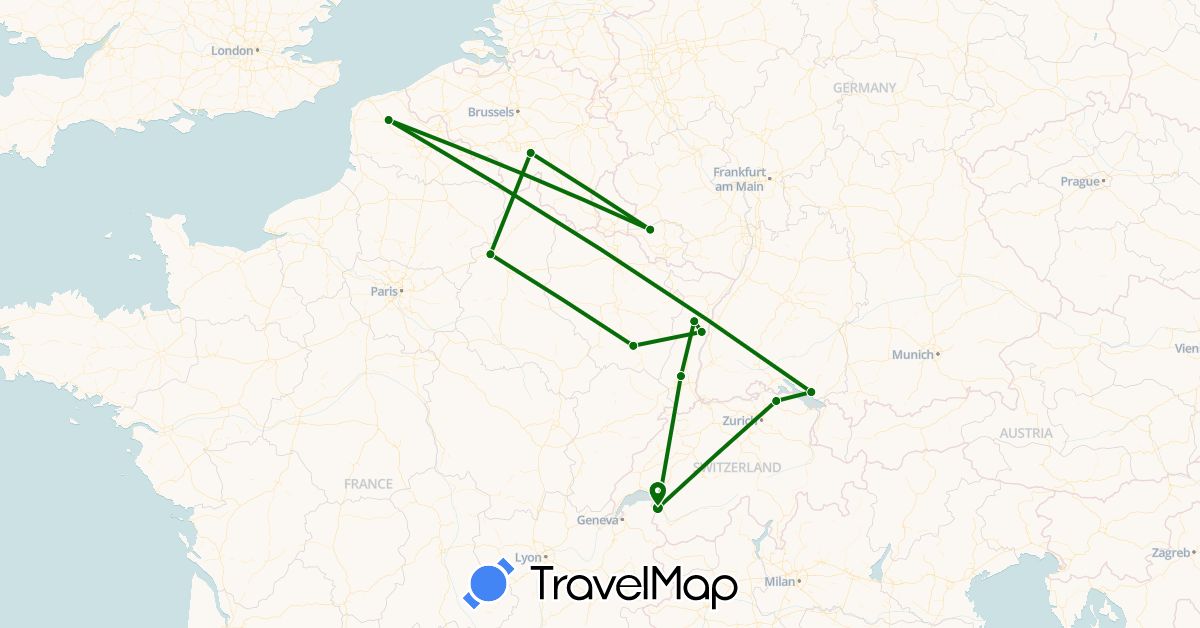 TravelMap itinerary: camping-car  in Belgium, Switzerland, Germany, France (Europe)